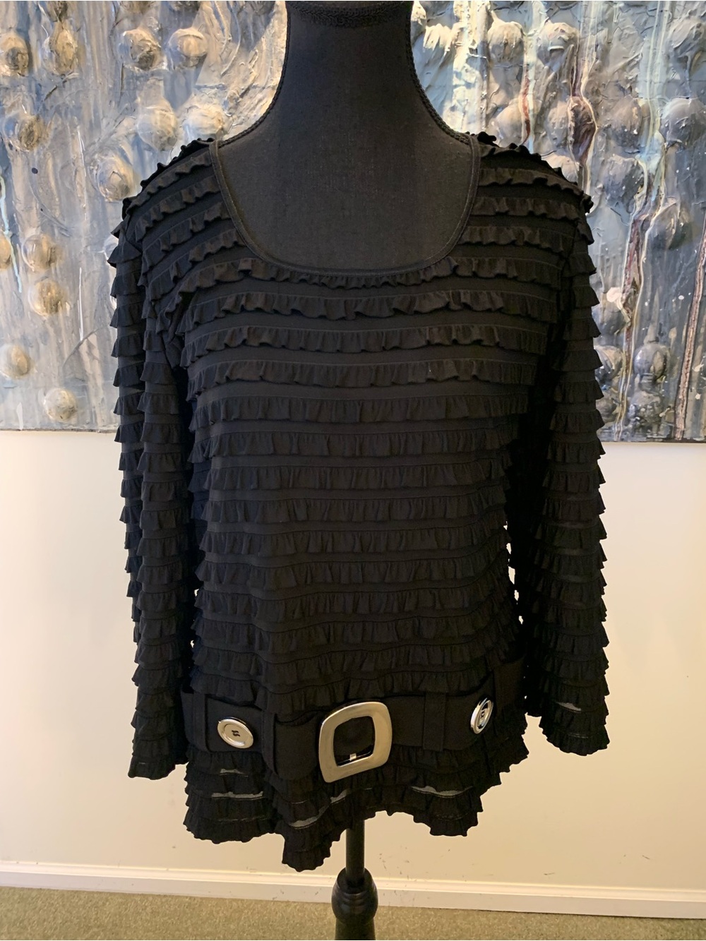 Frank Lyman Design Sz 16 Black Ruffle Sweater with Statement Buckle